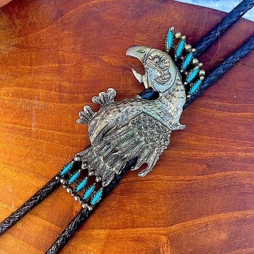 SOLD Southwestern Bolo Tie . Turquoise . Braided Metal
